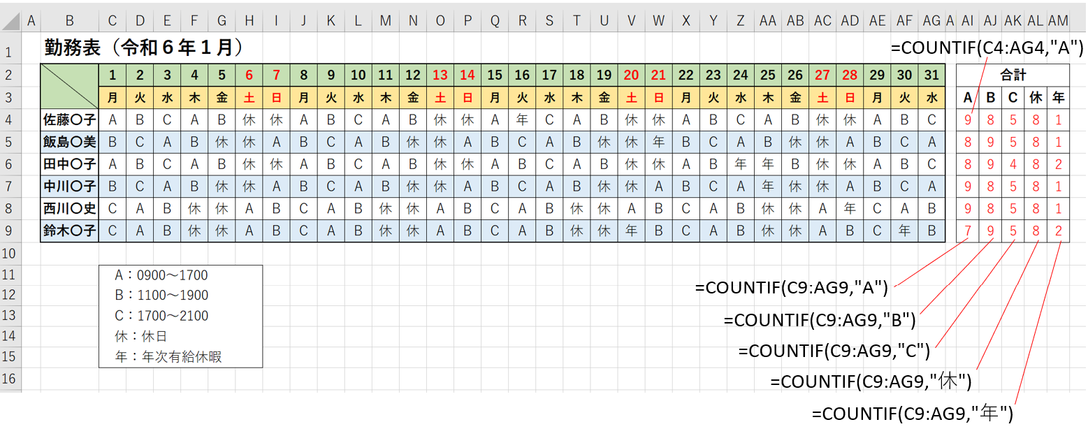 エクセルで勤務表の事例2